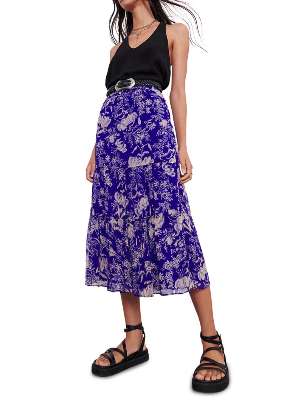 Ba&Sh Uria Midi Floral Purple Tiered Midi Skirt